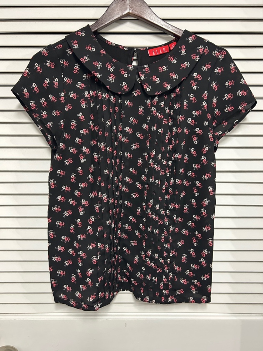 Elle Black Floral Peter Pan Collar Blouse with Pintucks